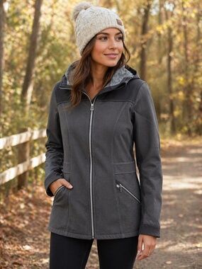 KÜHL Hooded Softshell Jacket Womens Medium Gray Fleece Lined Outdoor